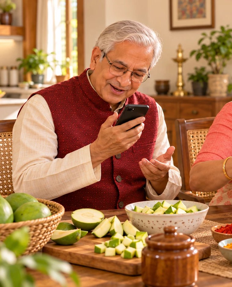 Senior citizen practising with AI on his phone