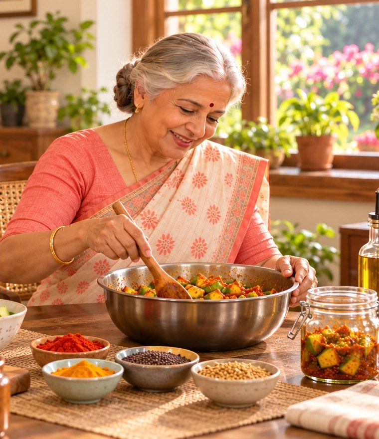 A senior lady cooking at home in warm morning light