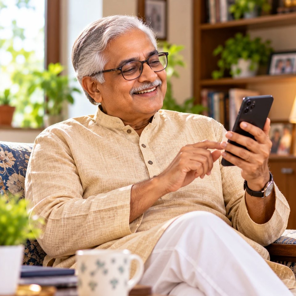 A senior gentleman using his smartphone at home